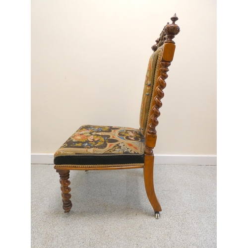 366 - Victorian walnut side chair with original needlepoint stuffover back rest and seat, on barley column... 