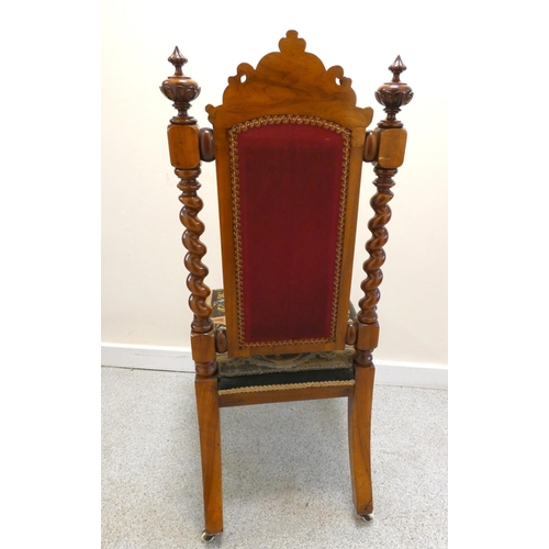 366 - Victorian walnut side chair with original needlepoint stuffover back rest and seat, on barley column... 