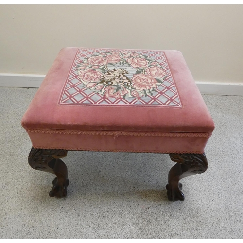 367 - Chippendale revival mahogany stool with needle work upholstered box seat, on cabriole supports with ... 