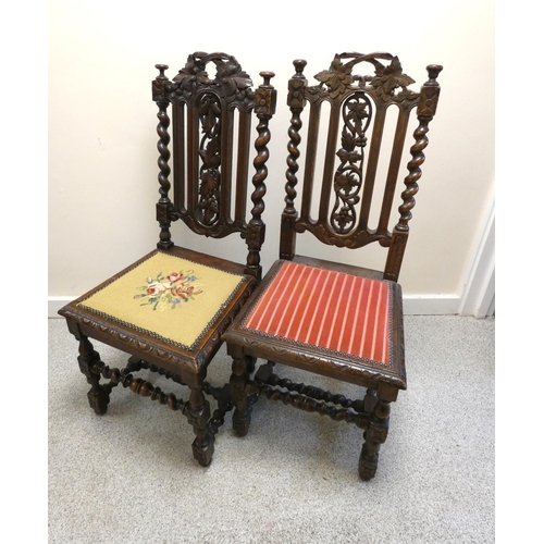 370 - Five matching Jacobean style dining chairs, with fruit and vine carvings on barley column supports a... 