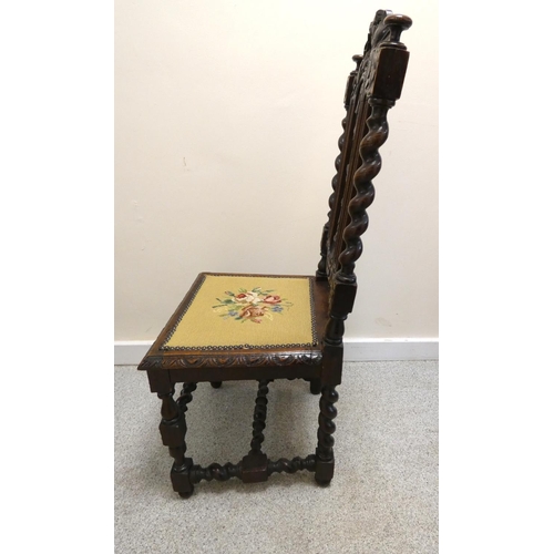 370 - Five matching Jacobean style dining chairs, with fruit and vine carvings on barley column supports a... 