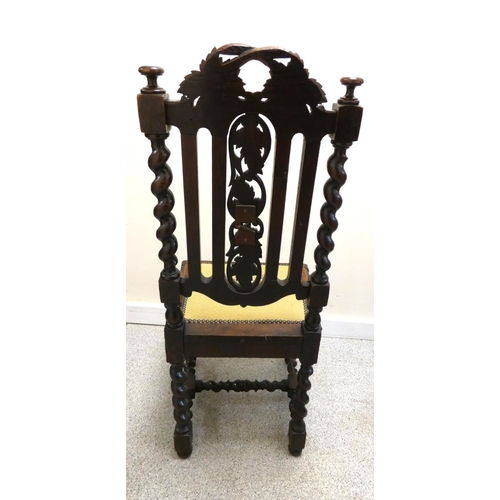 370 - Five matching Jacobean style dining chairs, with fruit and vine carvings on barley column supports a... 