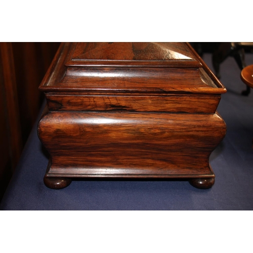 284 - Victorian Rosewood sewing box, the cross section lid opening to reveal fitted shelf compartment and ... 