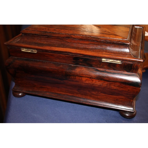 284 - Victorian Rosewood sewing box, the cross section lid opening to reveal fitted shelf compartment and ... 