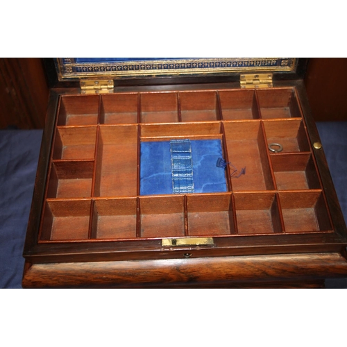 284 - Victorian Rosewood sewing box, the cross section lid opening to reveal fitted shelf compartment and ... 