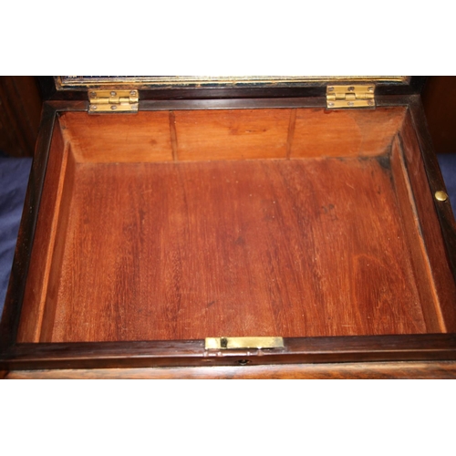 284 - Victorian Rosewood sewing box, the cross section lid opening to reveal fitted shelf compartment and ... 