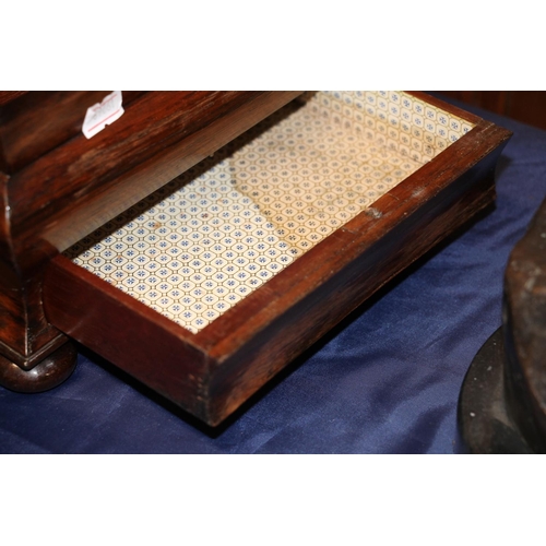 284 - Victorian Rosewood sewing box, the cross section lid opening to reveal fitted shelf compartment and ... 