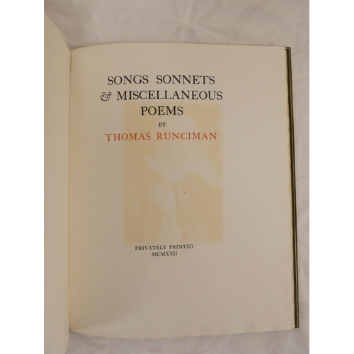 234 - RUNCIMAN THOMAS.  Songs, Sonnets & Miscellaneous Poems. Ltd. ed. 150. Slipped in port. Quarto. F... 