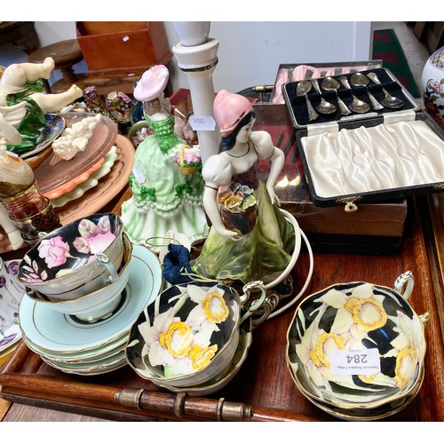 284 - Paragon floral decorated part teaset, lamp figure, cased flatware, etc