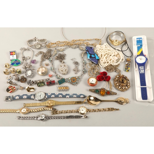 116 - Assorted vintage costume jewellery including badges, watches, etc.