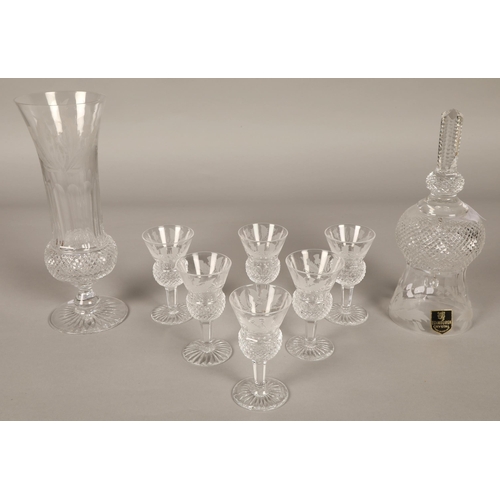 204 - Edinburgh crystal thistle design vase, bell and six liquor glasses