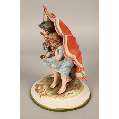 218 - Capodimonte figure of two children under an umbrella, 26cm h