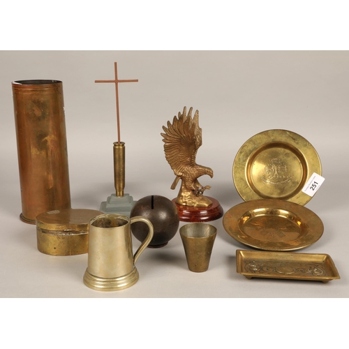 251 - Trench art including crucifix, cannonball, 1914-1919 Highland Light Infantry shell vase, and other b... 