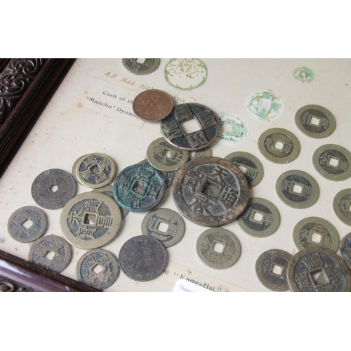 1368 - CHINA, a framed display of coins titled 'Chinese Coins' to include groups of cash coins purporting t... 