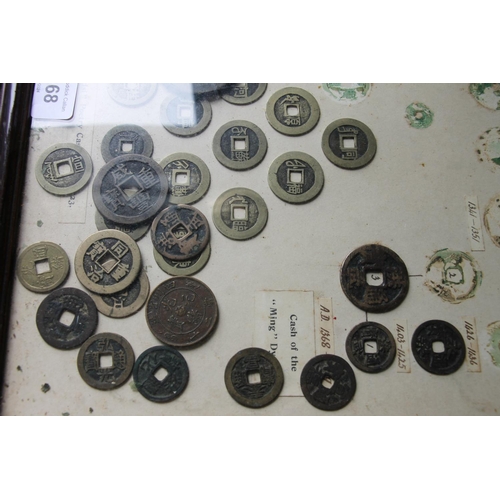 1368 - CHINA, a framed display of coins titled 'Chinese Coins' to include groups of cash coins purporting t... 