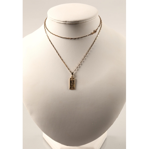 134 - 9ct gold ingot pendant on 9ct gold chain (6.9g total) and assorted 9ct gold and yellow metal includi... 