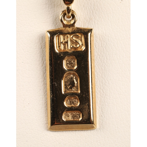 134 - 9ct gold ingot pendant on 9ct gold chain (6.9g total) and assorted 9ct gold and yellow metal includi... 