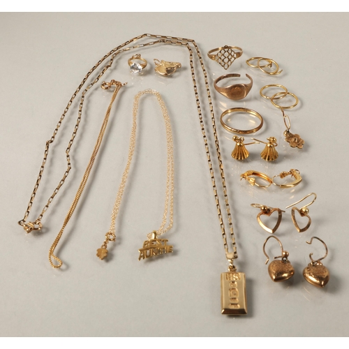 134 - 9ct gold ingot pendant on 9ct gold chain (6.9g total) and assorted 9ct gold and yellow metal includi... 