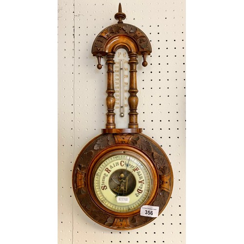 356 - Carved oak barometer/thermometer 50cm high