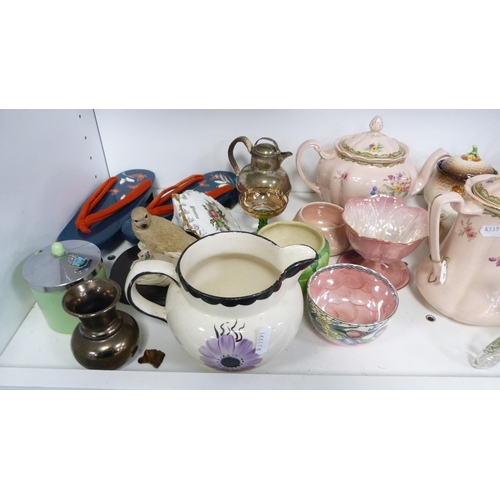 130 - Murano-style glass fish, Maling bowls, Johnson Bros teapot and hot water jug, ornaments etc (one she... 