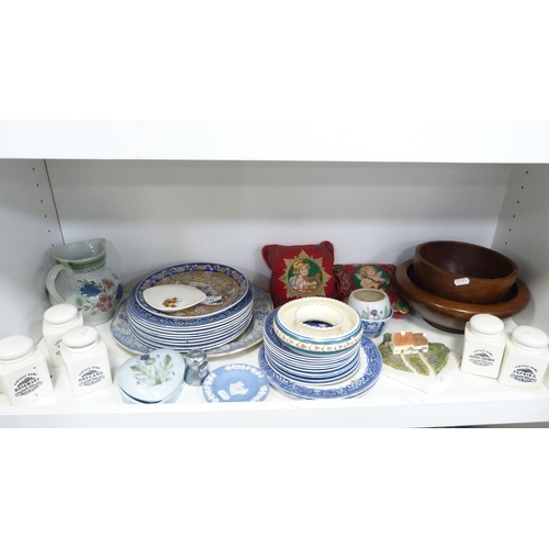 131 - Collection of blue and white 'Willow' pattern dinnerwares, Honiton Pottery posy ring, Buchan ware ju... 