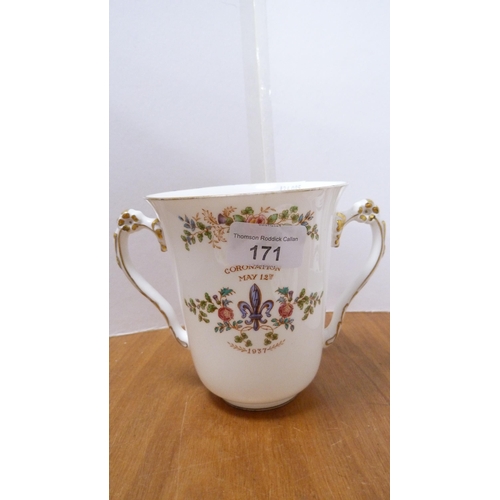 171 - Plant Tuscan 1937 Coronation mug, pair of Coalport serviette rings and three Coalport coffee cans an... 