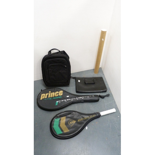 39 - Two cased tennis racquets, black backpack etc.