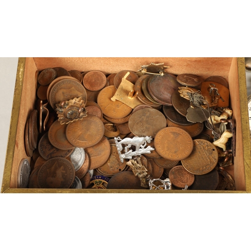 154 - Assortment of coins, badges and pins including military, fox design pocket watch, vesta case, etc