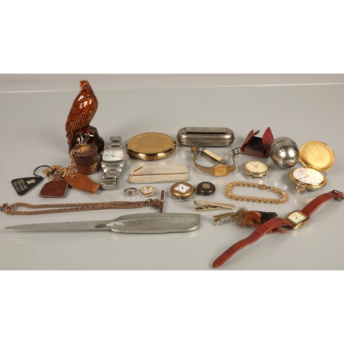 159 - Assorted items including watches, a compact, letter opener, small Beswick whisky eagle, watch chain,... 