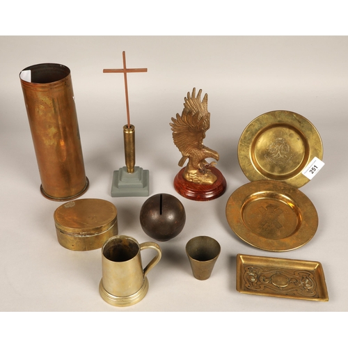 251 - Trench art including crucifix, cannonball, 1914-1919 Highland Light Infantry shell vase, and other b... 