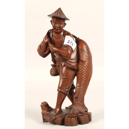 273 - Carved hardwood figure of a Chinese fisherman