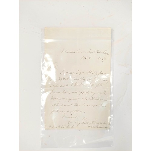 197 - MACREADY WILLIAM C.  Signed manuscript letter  (declining an invitation) of 7 lines on a folded shee... 