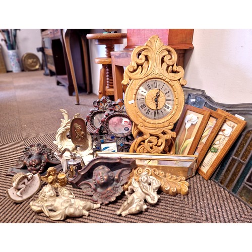 326 - Carved wall clock, wall mounted bell, reproduction classical-style wall ornaments including cherubs,... 