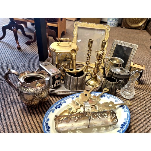 329 - Brass carriage clock, Welsh love spoons, twisted candlesticks, assorted EP including tray, teaware, ... 