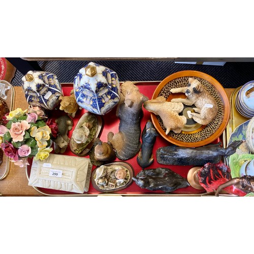 299 - Pair of graduated ginger jars and covers, model dogs and other animals, floral posy etc.