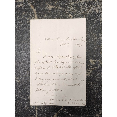 197 - MACREADY WILLIAM C.  Signed manuscript letter  (declining an invitation) of 7 lines on a folded shee... 