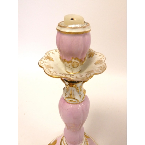 201 - Pair of continental porcelain candlesticks in the Meissen style decorated with applied gilded cartou... 