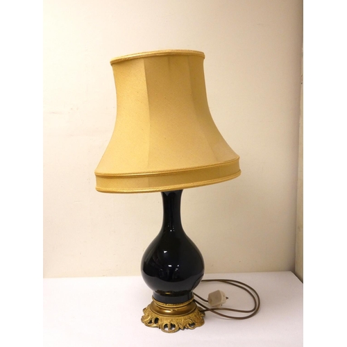 326 - Antique blue glazed baluster shaped vase converted into a table lamp, with gilt metal attachment to ... 