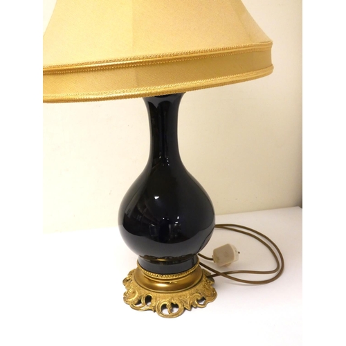 326 - Antique blue glazed baluster shaped vase converted into a table lamp, with gilt metal attachment to ... 