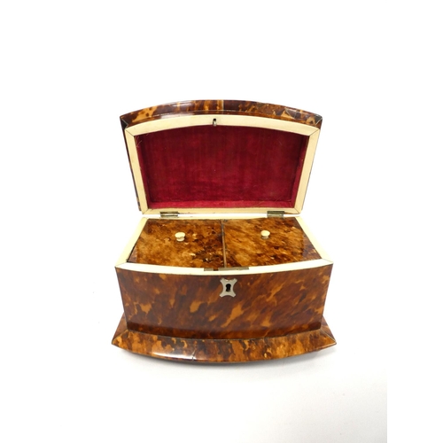 320 - Tortoiseshell and ivory inlaid tea caddy, circa early 19th century, of pagoda shape, the hinged top ... 