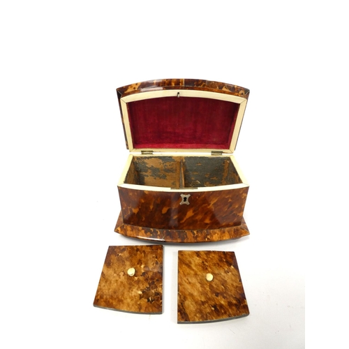 320 - Tortoiseshell and ivory inlaid tea caddy, circa early 19th century, of pagoda shape, the hinged top ... 