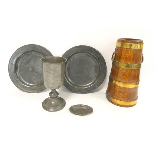 241 - Pair of 19th century pewter communion plates or chargers, diameter 30cm, along with a pewter communi... 