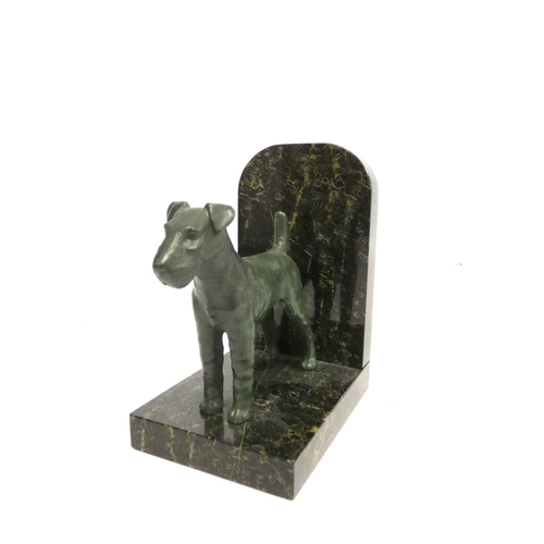 242 - Pair of cold painted terrier bookends on a mottled marble effect base. 15cm high.