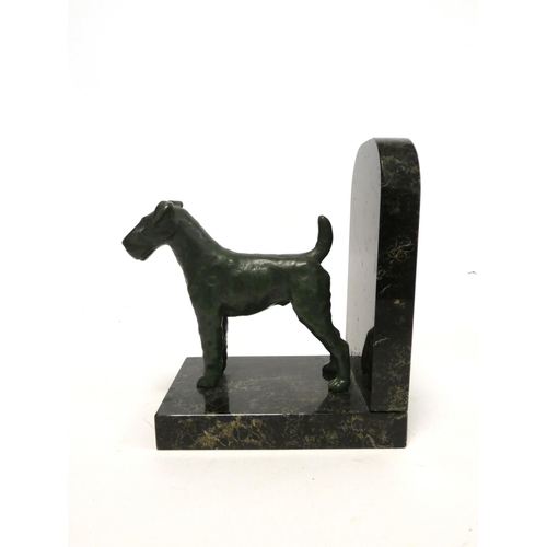 242 - Pair of cold painted terrier bookends on a mottled marble effect base. 15cm high.