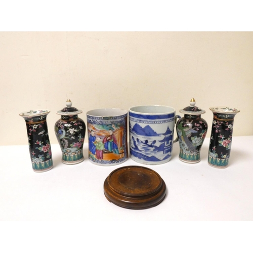 228 - Chinese famille noir porcelain garniture, to include a pair of Gu shaped vases, and a pair of small ... 