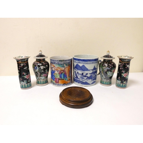 228 - Chinese famille noir porcelain garniture, to include a pair of Gu shaped vases, and a pair of small ... 