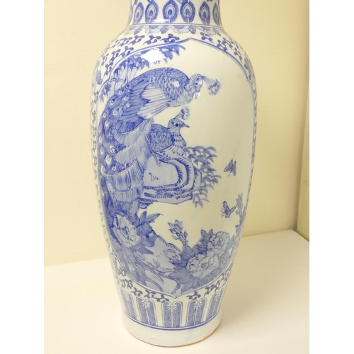 229 - Large oriental porcelain blue and white vase decorated with peacocks, scrolls and foliage, the under... 