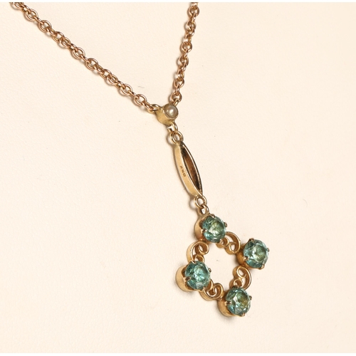 138A - 9K gold pendant necklace set with four gems and a seed pearl (5g), and a broken yellow metal chain