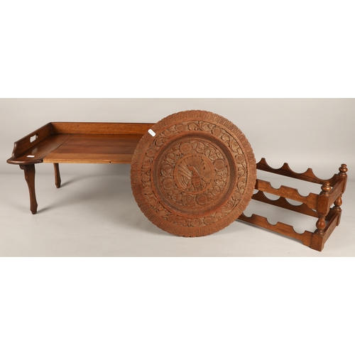 577 - Oak serving tray, wine rack and carved plate 