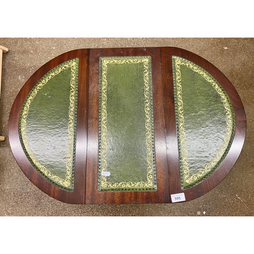 595 - Drop leaf occasional table with green leather inserts